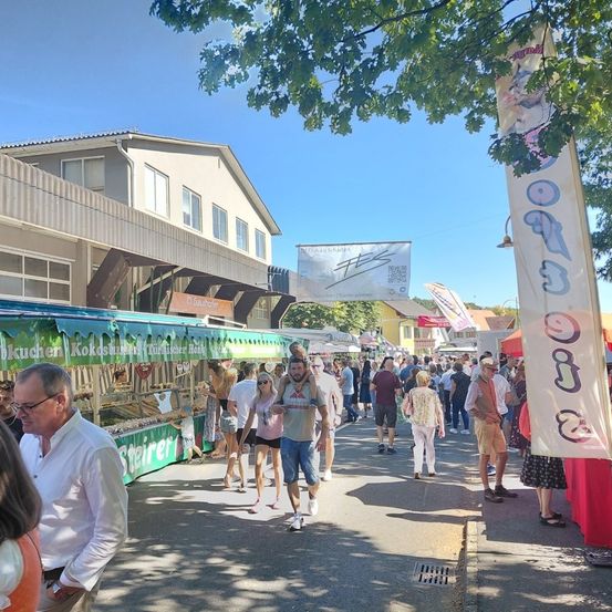 Belebte Straßenmarkt mit vielen Menschen, die gehen, grünen Markisen und Bannern, die über der Straße hängen. Gebäude säumen die Seiten, und eines hat ein Schild mit 'F.'