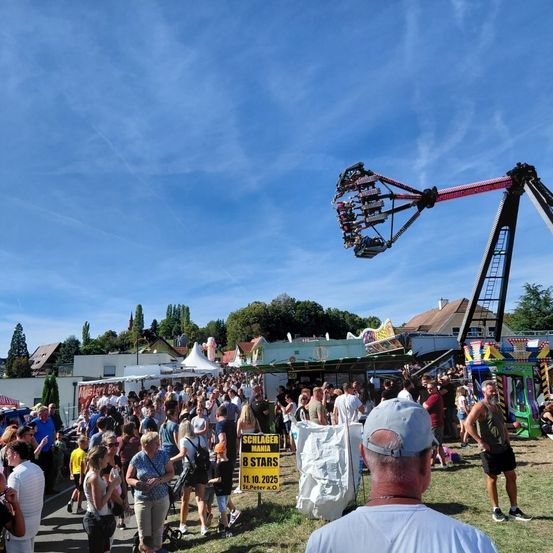 Eine große Menschenmenge ist draußen versammelt mit verschiedenen Attraktionen. Ein großer Schaukelritt ist im Himmel sichtbar. Der Himmel ist klar mit ein paar Wolken.
