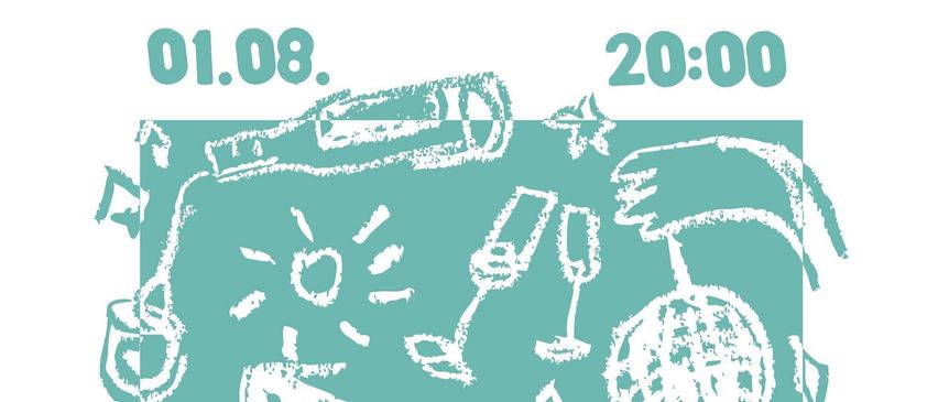 A poster for a summer wine party with a date of August 1st at 8:00 PM, featuring various party elements like glasses, balloons, and stars.
