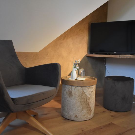 Bild enthält, Computer Hardware, Hardware, Monitor, Screen, Interior Design, Chair, Furniture, Living Room, TV, Wood