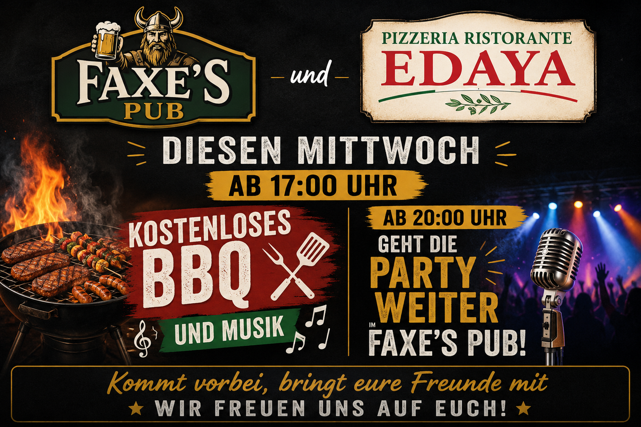 Join us at Faxe's Pub this Wednesday from 5pm. Enjoy free BBQ and music. Bring your friends and enjoy the party!
