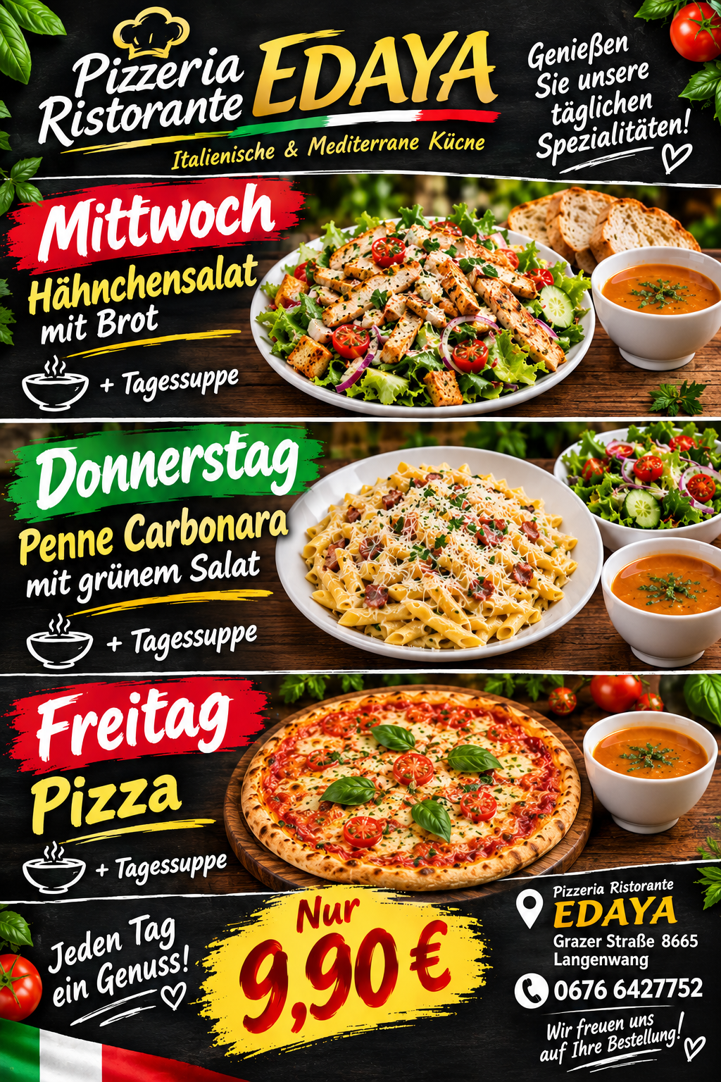 A weekly menu featuring three dishes: chicken salad on Monday, penne carbonara on Thursday, and pizza on Friday, each with soup and a side salad.