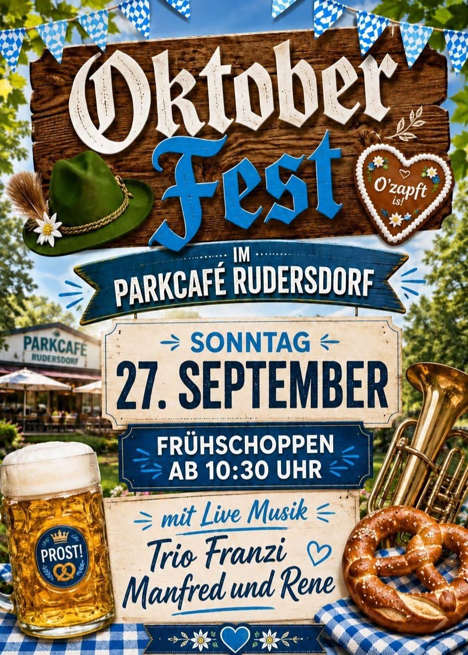 Poster for the Oktoberfest Fest at Parkcafe Rudersdorf on September 27th, featuring a beer mug, pretzel, and musical instruments.