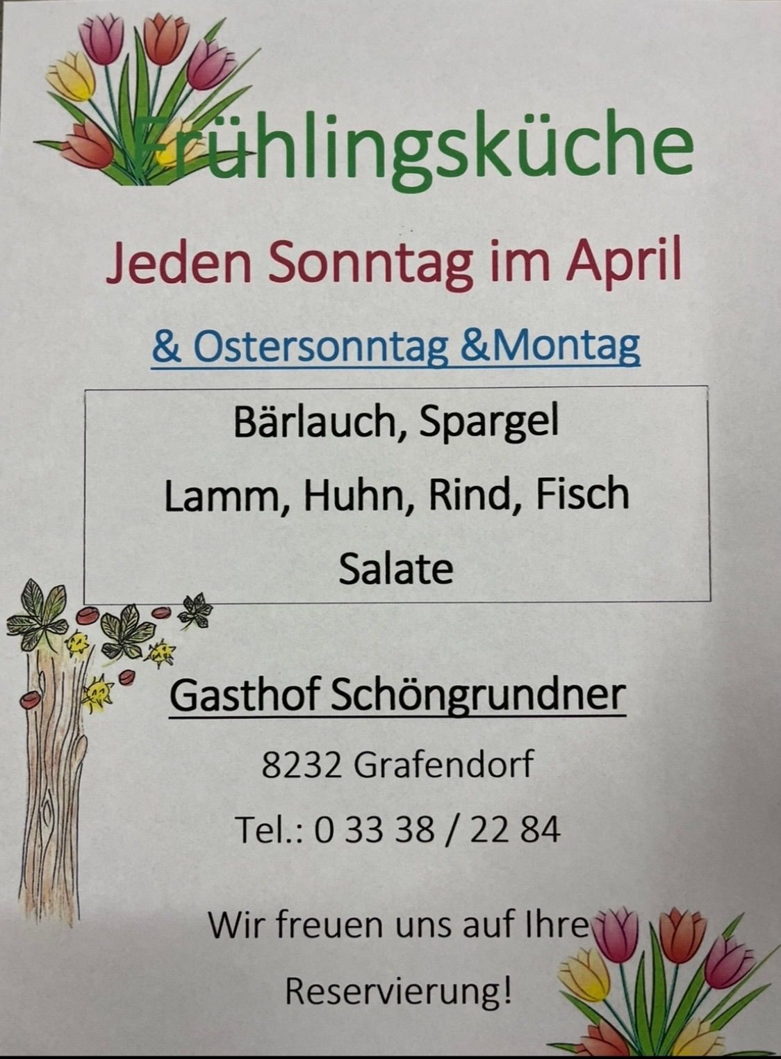 Plakat für eine Bauernküche, jeden Sonntag im April und Ostersonntag und Montag geöffnet, serviert Lamm, Huhn, Rind, Fisch und Salate. Adresse: Gasthof Schongrundner, 8232 Grafendorf, Tel: 0 33 38 / 22 84.
