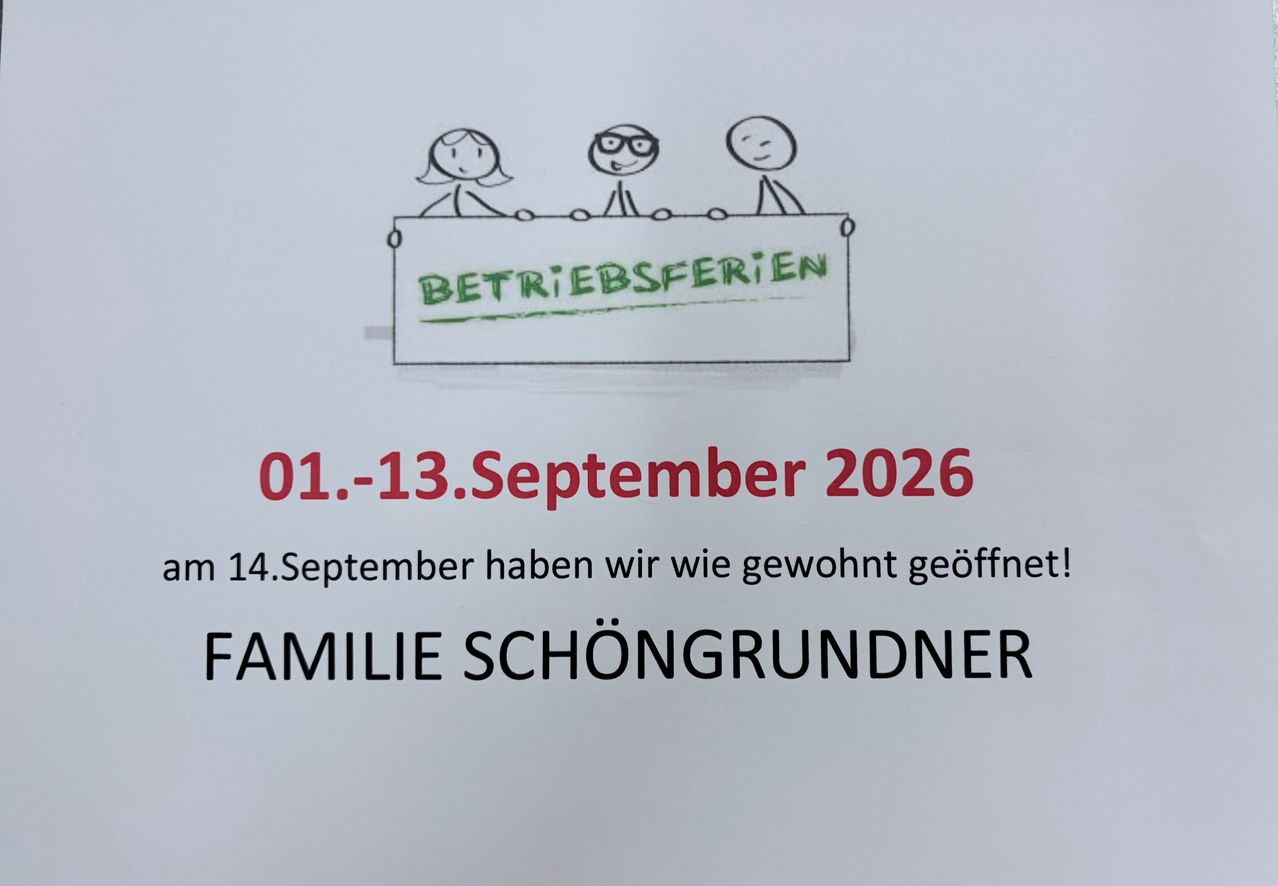 Ein Plakat mit einer Karikatur von drei Personen, die ein Schild mit der Aufschrift 'BETRIEBSFERIEN' halten. Darunter steht das Datum '01-13. September 2026' und eine Nachricht auf Deutsch.