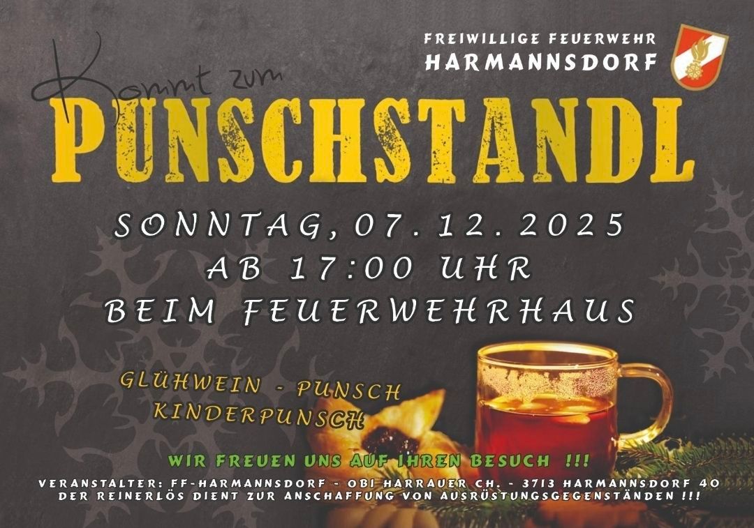 Plakat für den Glühweinstand der Freiwilligen Feuerwehr am Sonntag, 7. Dezember 2025, ab 17 Uhr am Feuerwehrhaus. Das Plakat zeigt eine Tasse Glühwein und eine festliche Atmosphäre.