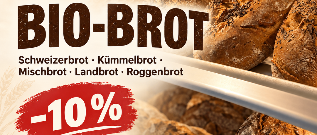 Ein Bäcker-Werbeposter zeigt verschiedene Brotsorten mit einem Rabattangebot von 10%, wodurch der Preis von 4,58 auf 4,12 Euro reduziert wird. Das Angebot gilt bis zum 19. September.