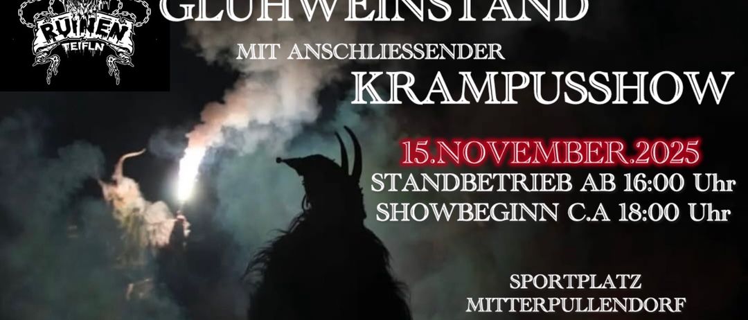 Ein Plakat für die Veranstaltung Heimlauf Gluhweinstand mit einer Krampus-Figur. Die Veranstaltung findet am 15. November 2025 statt, der Betrieb beginnt um 16:00 Uhr und die Show startet gegen 18:00 Uhr. Ort ist der Sportplatz in Mitterpullenndorf. Essen und Getränke sind vorhanden.