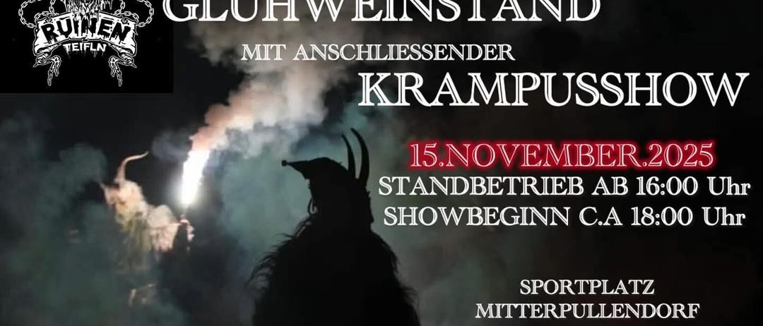 Ein Plakat für Heimlauf Gluhweinstand mit einer Silhouette einer Krampus-Figur. Es steht geschrieben: 'Heimlauf Gluhweinstand mit anschließender Krampuss. 15. November. Standbetrieb beginnt um Mitternacht. Sportsplatz Mitterpullen. Für Speise und Trank ist gesorgt!'