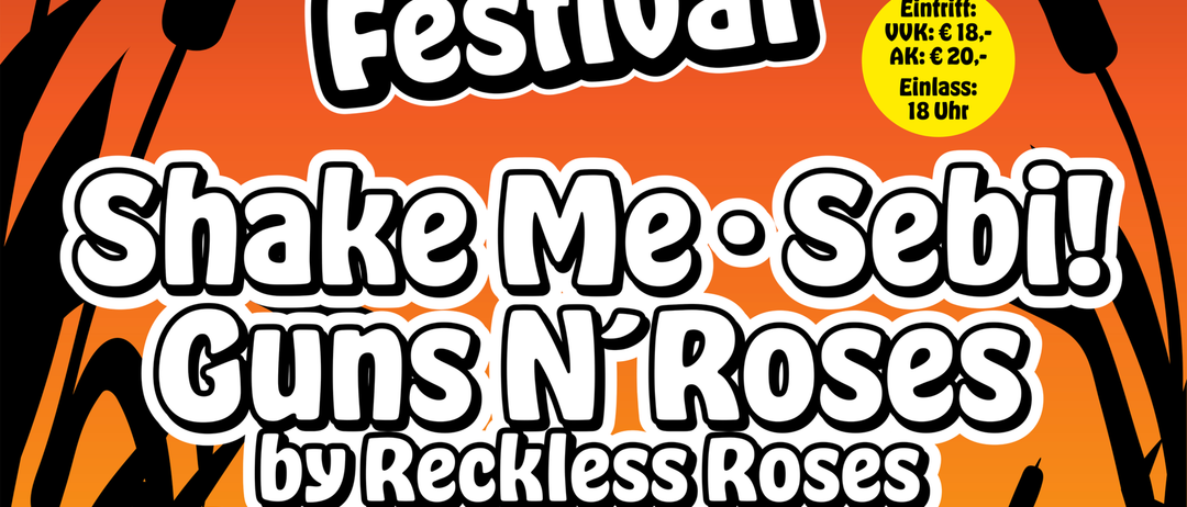 Ein Plakat für das Gigs Festival mit den Bands Shake Me Sebi, Guns N' Roses von Reckless Roses und anderen. Der Eintritt kostet 18 EUR, der Einlass beginnt um 18:00 Uhr.