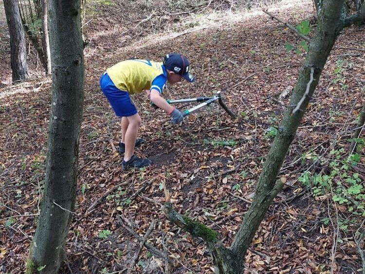 Eine Person in einem gelben Shirt und blauen Shorts benutzt ein Werkzeug zum Graben in einem Wald.