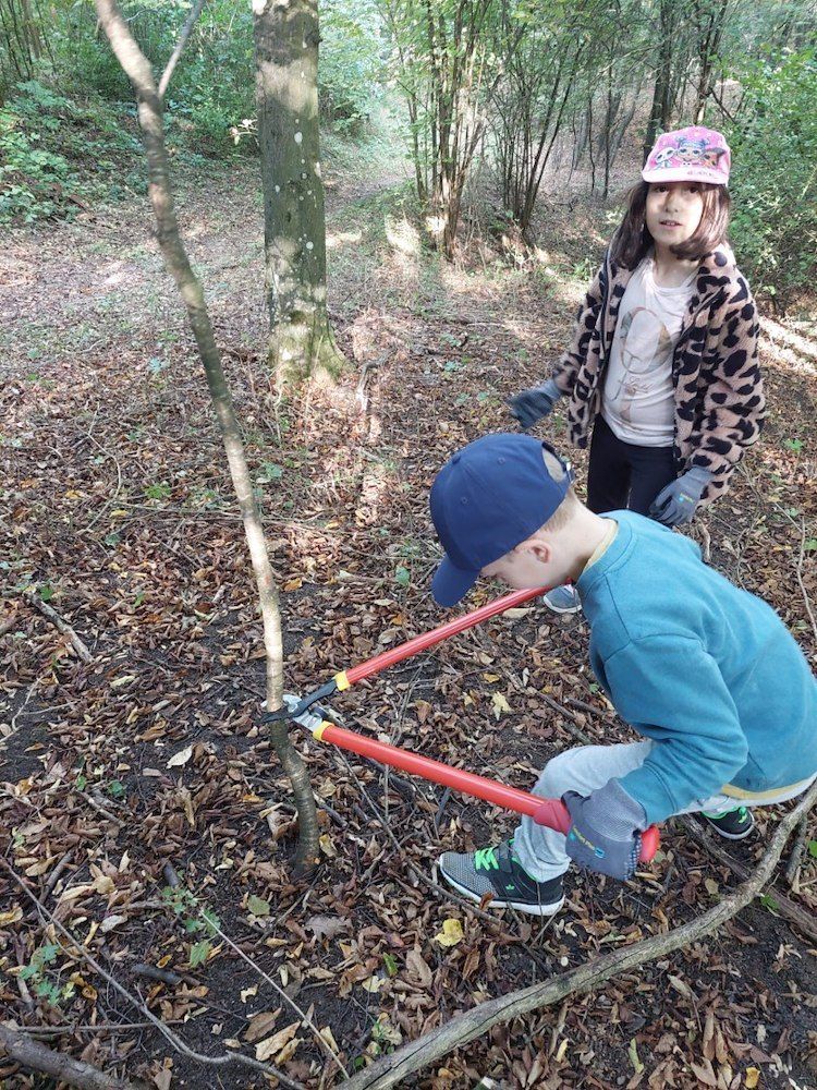 Zwei Kinder sind im Freien in einem Wald, eines benutzt ein Paar roter Gartenschere, um einen Ast zu schneiden, während das andere in der Nähe steht und eine Mütze trägt.