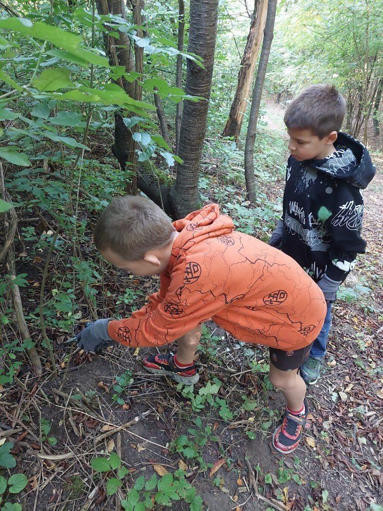 Zwei junge Jungen erkunden einen Wald. Einer trägt eine orangefarbene Kapuzenjacke und Handschuhe, der andere eine schwarze Kapuzenjacke mit hochgezogener Kapuze. Sie schauen beide auf etwas am Boden.