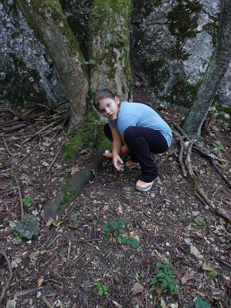 Ein junges Mädchen in einem blauen Shirt und schwarzen Hosen kniet auf dem Boden in einem Wald und hält ein kleines Objekt in der Hand.