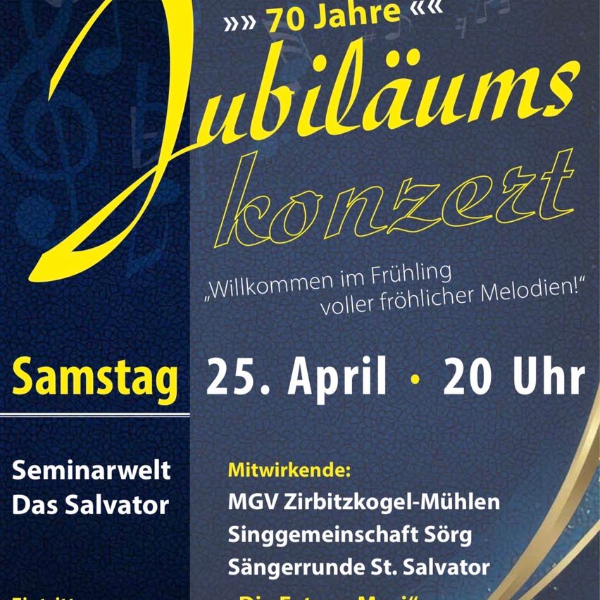 An advertisement for a jubilee concert. The text reads: Seminarwelt Das Salvator. The date and time are Saturday, April 25, 20:00. The participating choirs are listed.