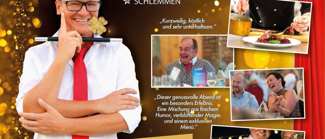 Ein Plakat bewirbt ein Dinner-Event im Landhotel Reitingblick. Es zeigt einen Zauberkünstler, Gabriel, mit lächelndem Gesicht. Das Plakat enthält Fotos von Essen, Menschen und dem Zauberkünstler bei der Aufführung. Die Veranstaltung verspricht Lachen, Staunen und ein viergängiges Menü. Der Termin ist für den 20. Dezember um 18:30 Uhr festgelegt.