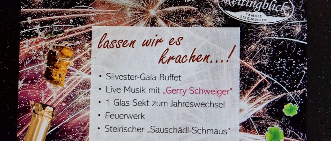 Ein Flyer für eine Silvesterfeier in einem Restaurant. Es zeigt Feuerwerk, eine Champagnerflasche und ein festliches Menü. Der Preis beträgt 49 Euro pro Person.
