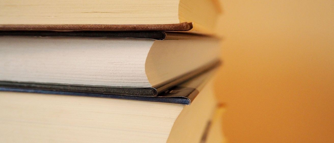 Nahaufnahme eines Stapels von Büchern mit braunen und weißen Einbänden. Die Bücher sind ordentlich ausgerichtet, und die Buchrücken sind sichtbar.