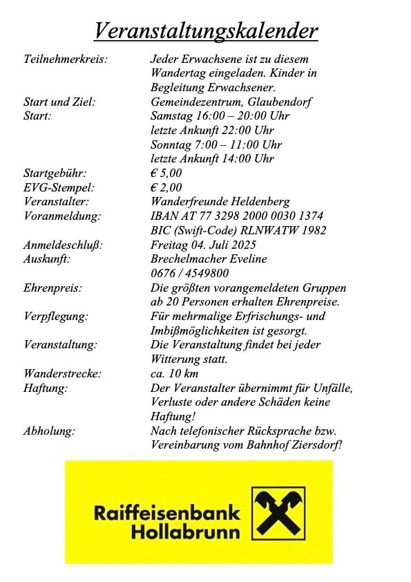 Die Wanderkarte enthält Informationen wie Start- und Zielort, Startzeit, Anmeldefrist, Gebühren, Verpflegung, Wetterlage und Haftung. Die Veranstaltung wird von Wanderfreunde Heldenberg organisiert. Kontaktdetails sind angegeben.