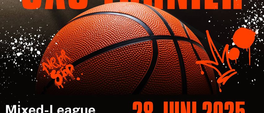 Ein Plakat bewirbt ein 3x3 Basketball-Turnier. Die Veranstaltung bietet gemischte und Profi-Ligen, mit Anmeldegebühren von EUR 18. Das Turnier ist für den 28. Juni 2025 geplant.