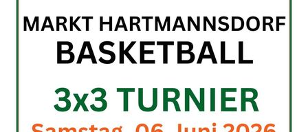 Plakat für das 3x3-Turnier von Markt Hartmannsdorf Basketball am Samstag, 6. Juni 2026. Zeigt einen Basketballkorb und Instagram-Logo. Hashtag: #GebruederBasketball. Das Turnier ist für Basketball-Fans geeignet.