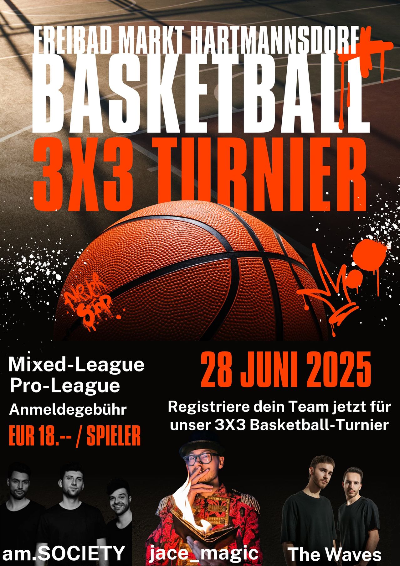 Plakat für ein 3x3-Basketball-Turnier mit einem Basketball, dem Datum 28. Juni 2025 und Anmeldeinformationen.