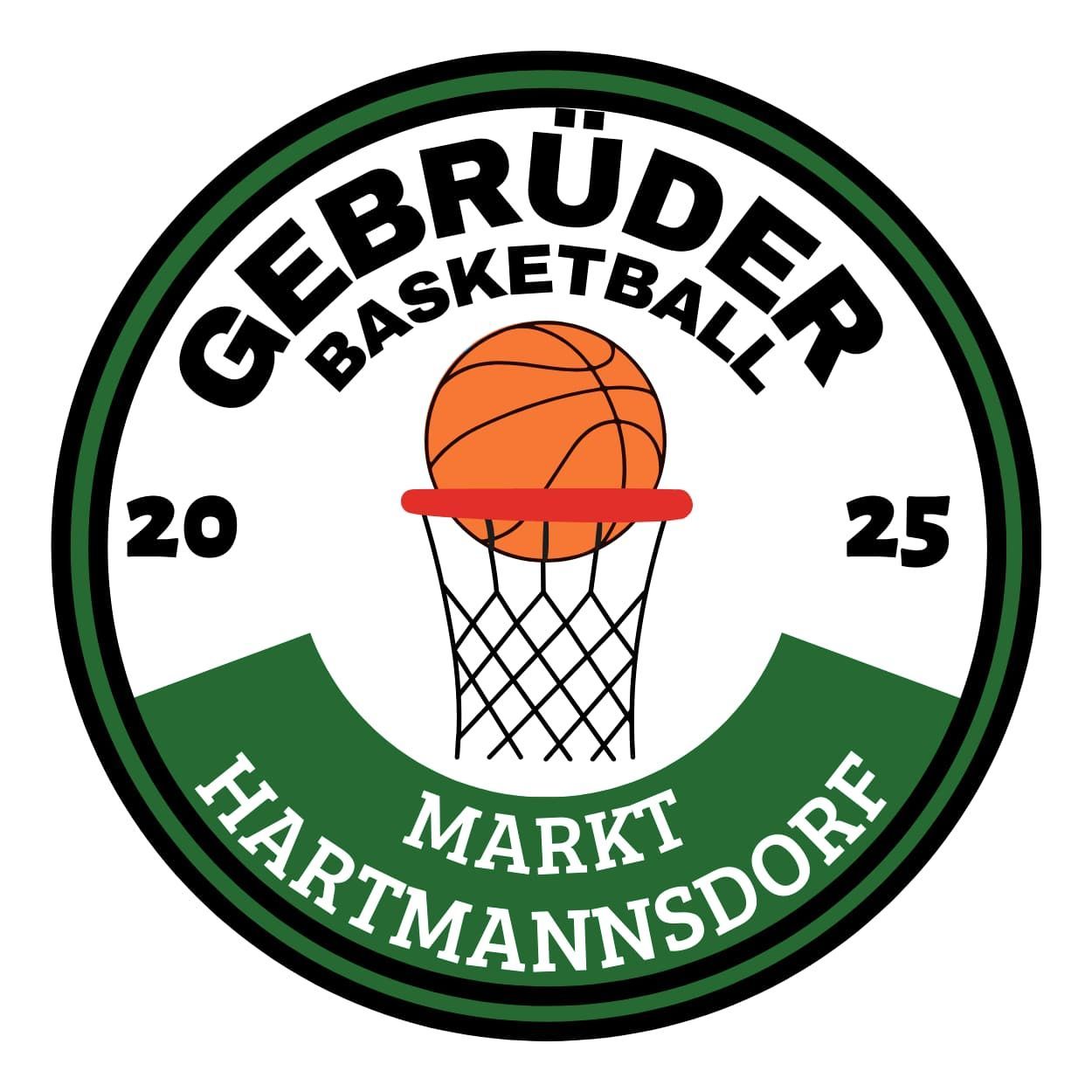Rundes Logo für die Gebrüder Hartmannsdorf Basketballmannschaft. Es zeigt einen Basketball und einen Korb, mit den Zahlen 20 und 25 auf beiden Seiten. Der Text ist in Grün und Weiß.