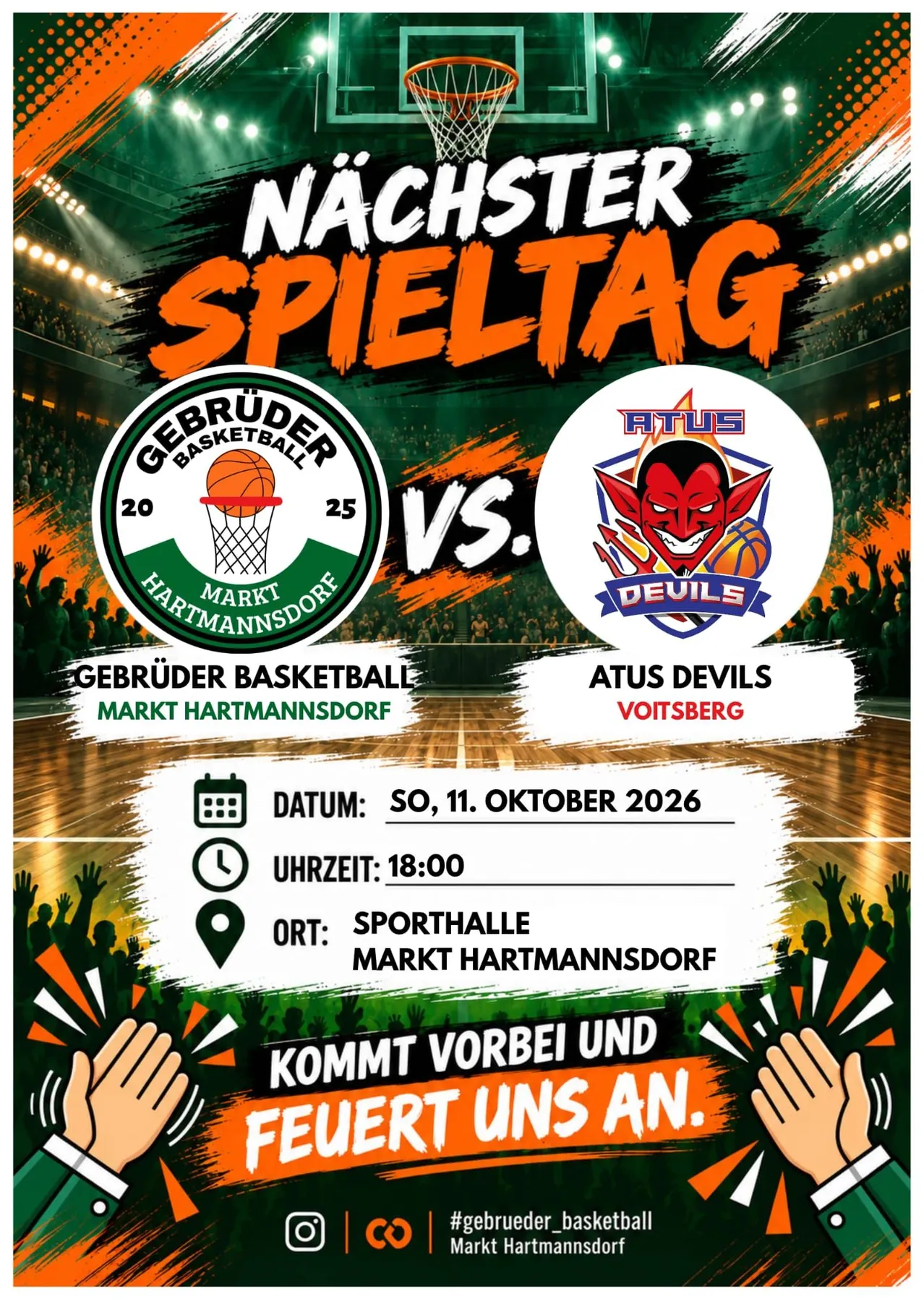 Plakat für ein Basketballspiel zwischen Gebruder Basketball und Atus Devils. Das Spiel ist für den 11. Oktober 2026 um 18:00 in der Sporthalle von Markt Hartmannsdorf geplant.