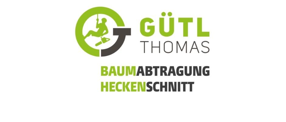 Logo für Gutl Thomas, zeigt eine grüne Silhouette einer Person, die mit einer Säge einen Baum erklimmt.
