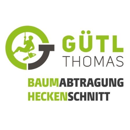 Logo für Guütl Thomas, ein Unternehmen, das sich auf Baumabtragung und -schnitt spezialisiert hat, mit einer Silhouette einer Person, die einen Baum mit Werkzeugen erklimmt