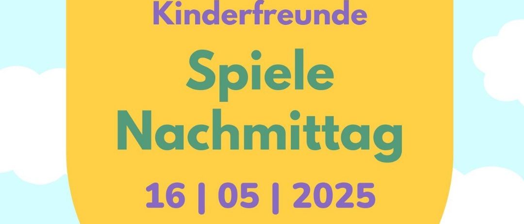 Ein Plakat für eine Schulfreizeit-Veranstaltung am 16. Mai 2025, von 15-18 Uhr. Kinder spielen Fußball, Fangen und tanzen.