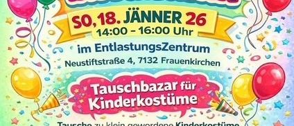 Ein buntes Plakat bewirbt einen 'Kostüm-Tauschbazar' am 26. Januar von 14 bis 16 Uhr im Entlastungszentrum. Kinder können ihre getragenen Kostüme gegen neue tauschen. Gratis Ostereier und Getränke sind ebenfalls erhältlich.