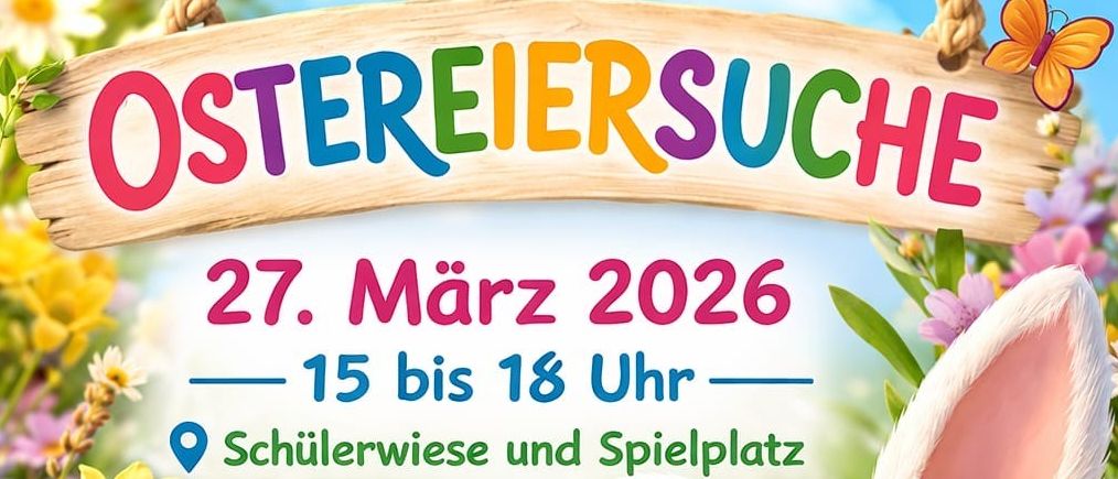 Poster für eine Osterveranstaltung am 27. März 2026 von 15 bis 18 Uhr, mit einem Hasen, der einen Korb mit Eiern hält und eine Sprechblase mit der Aufschrift 'Ich komme und bringe für jedes Kind eine Überraschung mit!'.