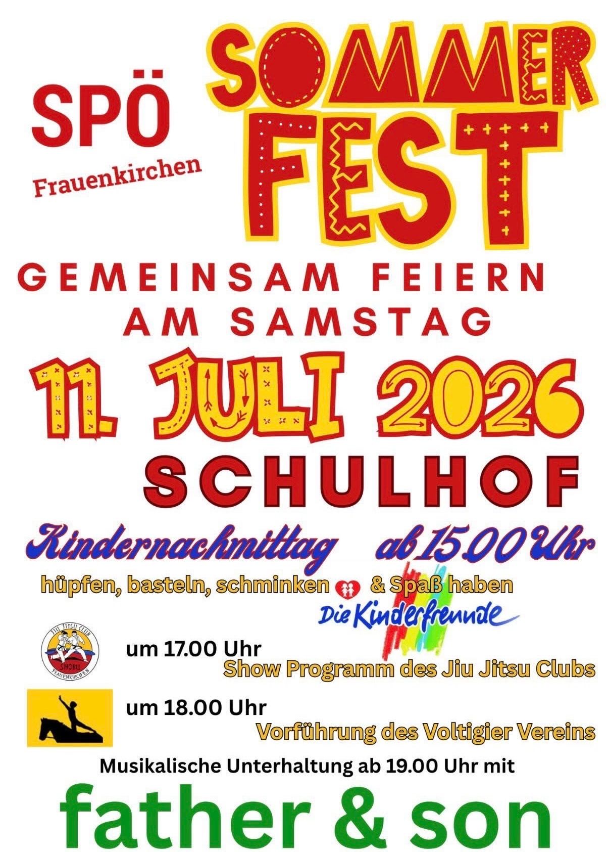 Fest event at Schulhof on July 11, 2026. Activities start at 3 PM, including crafting, games, and fun with Kinderfreunde. Show program by the Jiu Jitsu Club at 5 PM and Vollgiier Verein at 6 PM.
