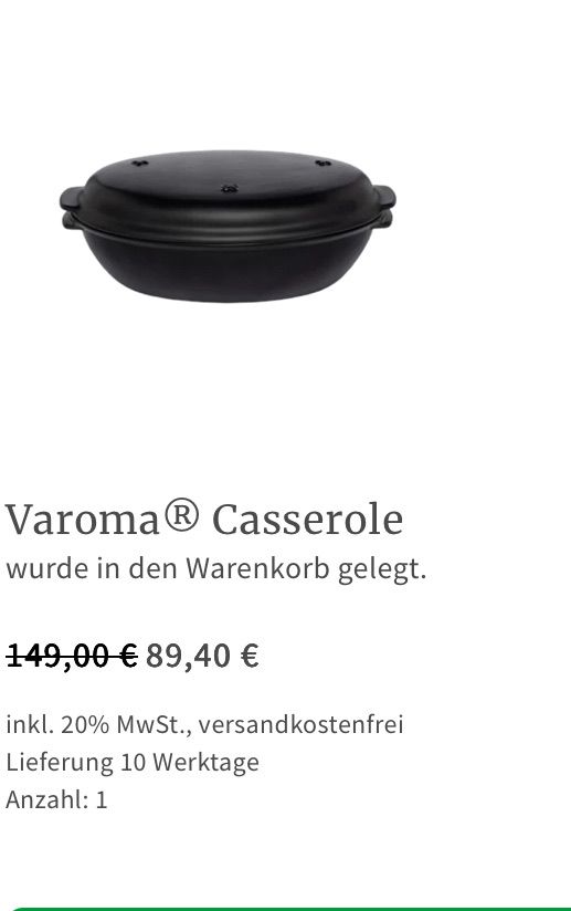 Schwarze Varoma-Kasserolle für Thermomix, jetzt im Angebot für 89,40 Euro. Inklusive 20% MwSt., versandkostenfrei und Lieferung innerhalb von 10 Werktagen. Menge: 1.
