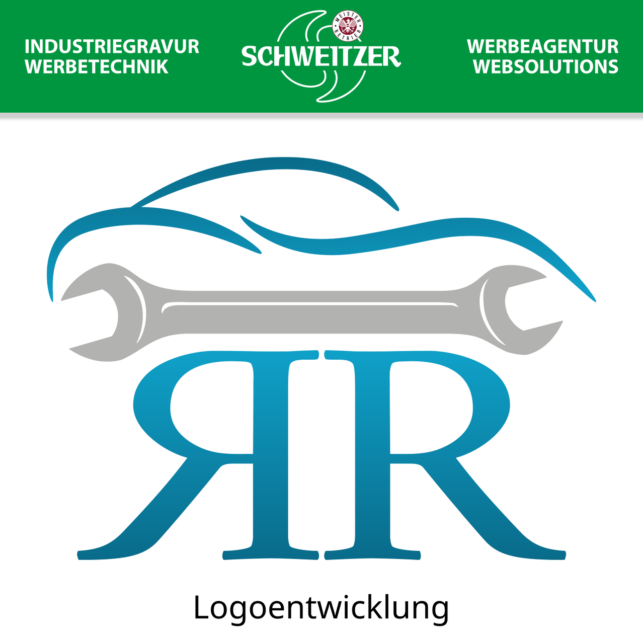 Das Logo zeigt ein stilisiertes Auto mit Schraubenschlüsseln und den Buchstaben RR in Blau. Darunter steht der Text 'Logoentwicklung'. Oben sind Logos für 'Industriegravur Werbetechnik' und 'Webagentur Websolutions'.