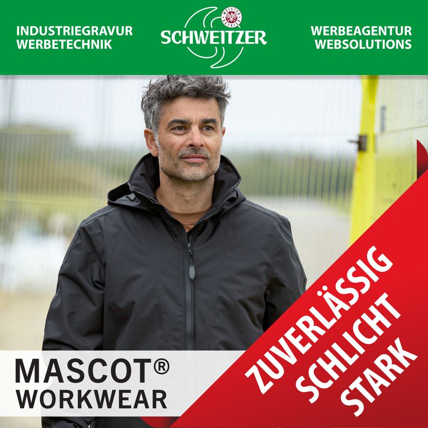 Eine Werbung für Mascot Workwear zeigt einen Mann in einem schwarzen Jacket vor einem Zaun und betont Zuverlässigkeit und Stärke.