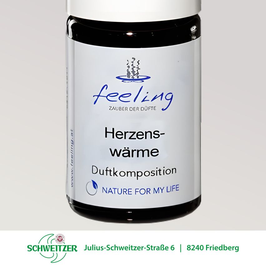 A jar of 'feeling' incense labeled 'Herzens-warme Duftkomposition', with a logo and address at the bottom.