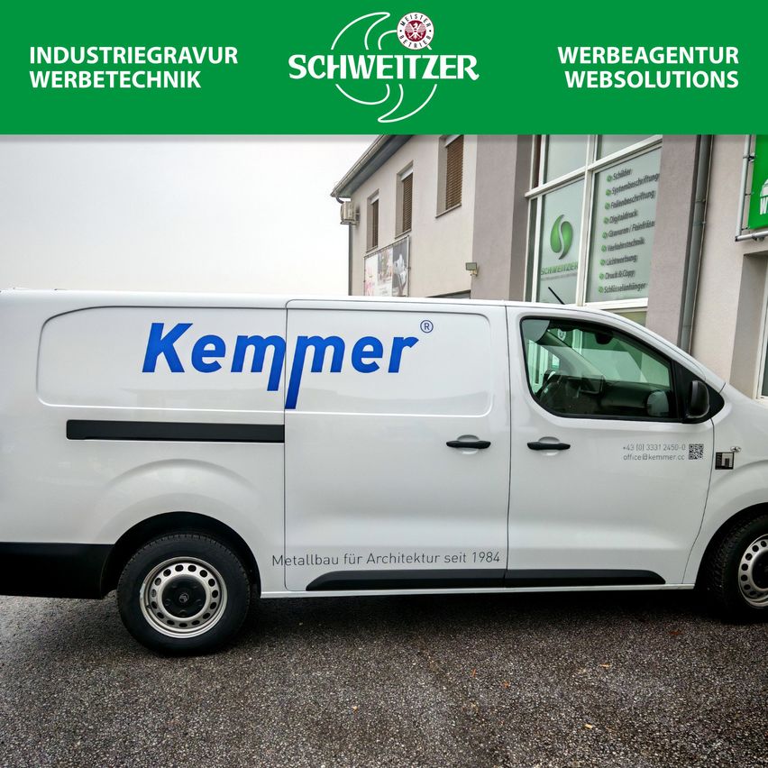 A white van with the word Kempner on the side is parked in front of a building. The van also has the text Metallbau fur Architektur seit 1984 on the side.