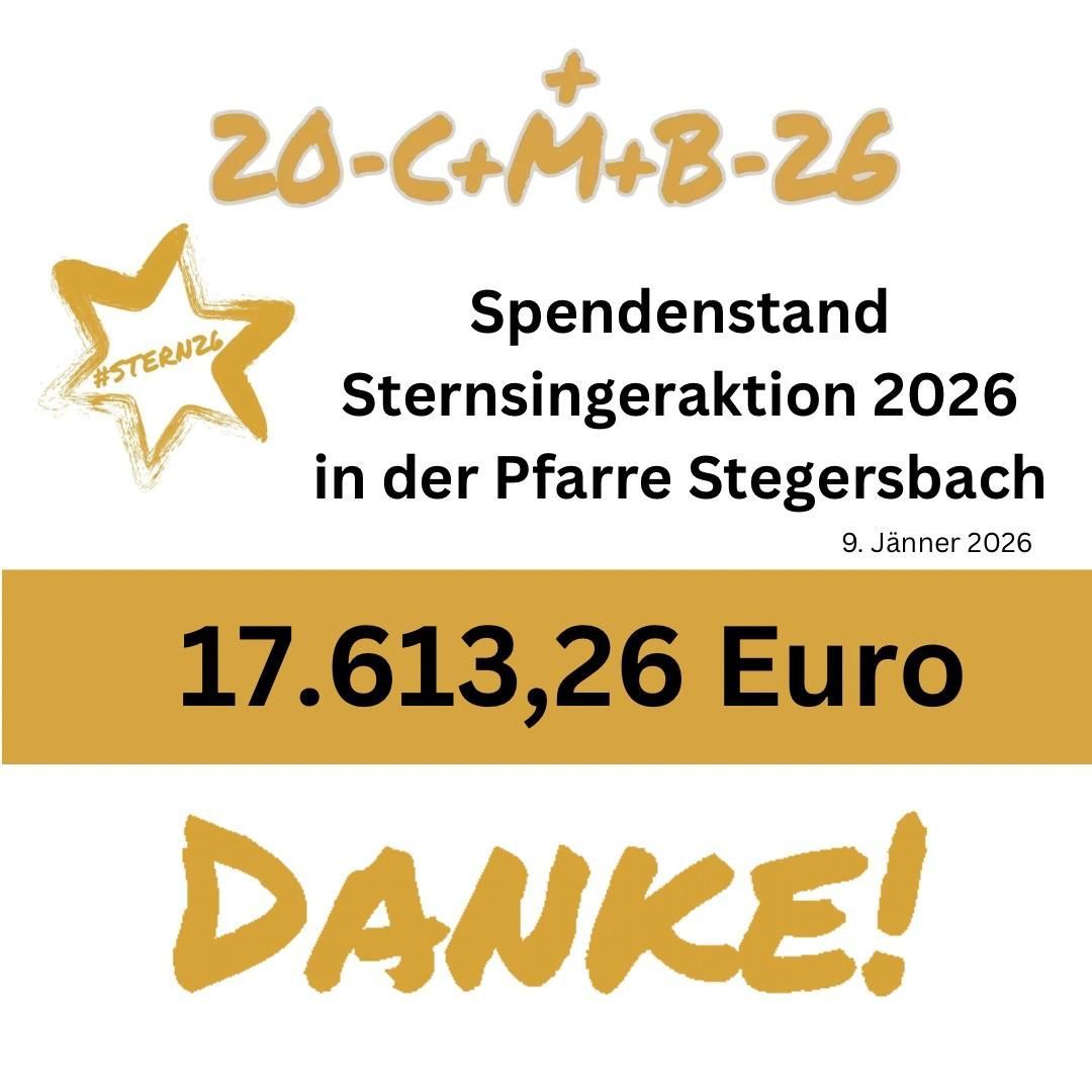 Plakat mit einem goldenen Stern, 'Spenenstand Sternsingeraktion 2026', Ort 'Pfarre Stegersbach', Datum '9. Jänner 2026' und Betrag '17.613,26 Euro'. Darunter steht 'DANKE!' in großen Buchstaben.
