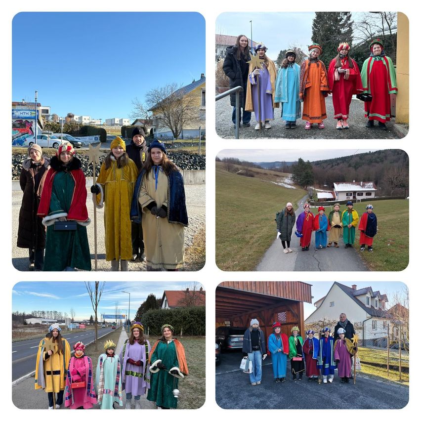 Eine Collage von Bildern zeigt Menschen in verschiedenen Kostümen. Das erste Bild ist eine Gruppe vor einem Gebäude. Das zweite ist auf einem Weg in einem Grasfeld. Das dritte zeigt eine Gruppe am Straßenrand. Das letzte ist vor einem Haus.