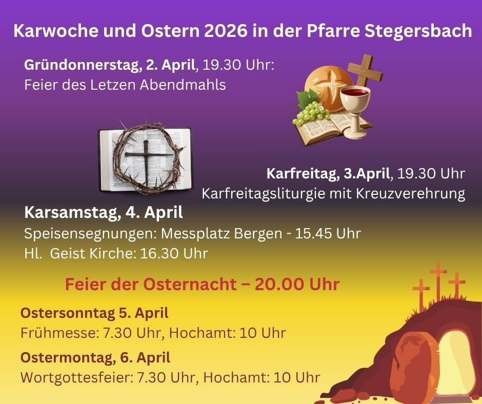 Plakat für die Karwoche und Ostern 2026. Palmsonntag am 2. April um 19:30. Karfreitag am 3. April um 19:30. Ostersonntag am 4. April. Osternacht am 5. April um 7:30. Ostermontag am 6. April um 7:30.