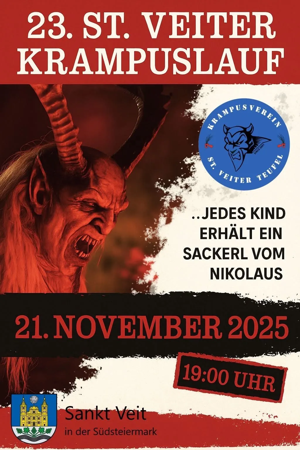 Plakat für eine Krampus-Veranstaltung am 21. November 2025. Krampus, eine gehörnte Figur, erscheint bedrohlich mit rotem Gesicht und Hörnern. Der Text verspricht jedem Kind eine Belohnung von Nikolaus.