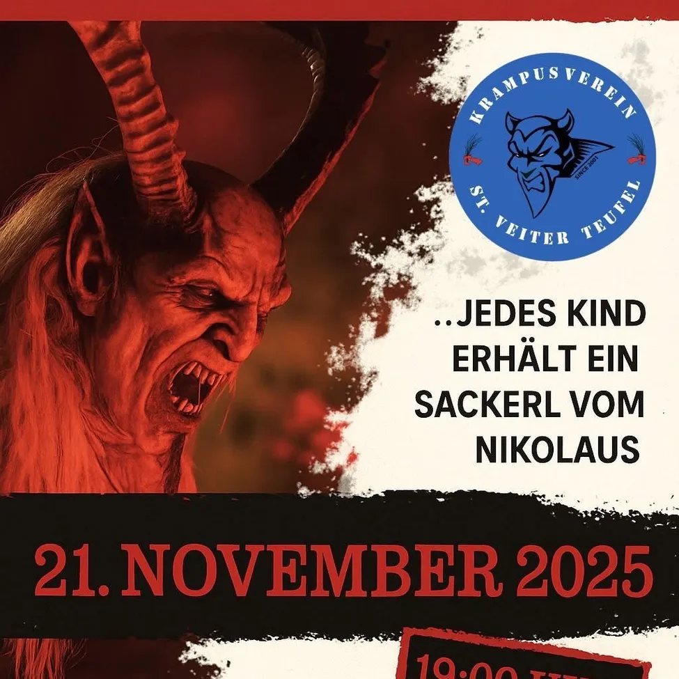 Plakat für eine Krampus-Veranstaltung am 21. November 2025. Krampus, eine gehörnte Figur, erscheint bedrohlich mit rotem Gesicht und Hörnern. Der Text verspricht jedem Kind eine Belohnung von Nikolaus.