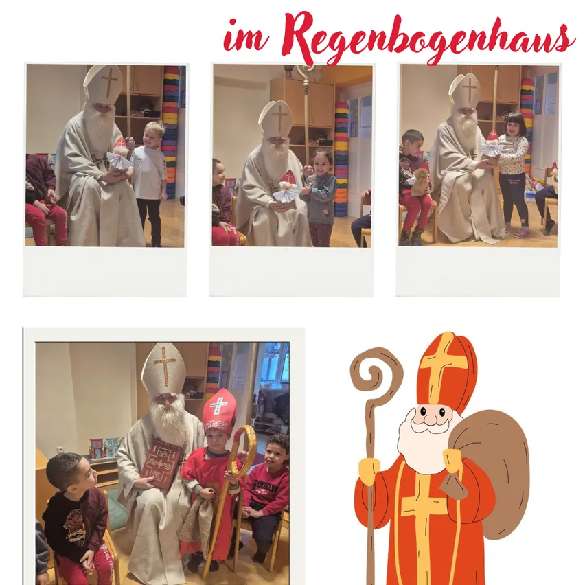 Eine Collage von Bildern zeigt einen als Bischof gekleideten Mann, der mit Kindern interagiert. Die obere Reihe zeigt drei Bilder von ihm, wie er Geschenke hält, während die untere Reihe ihn mit einer Tasche und einem Stab zeigt.