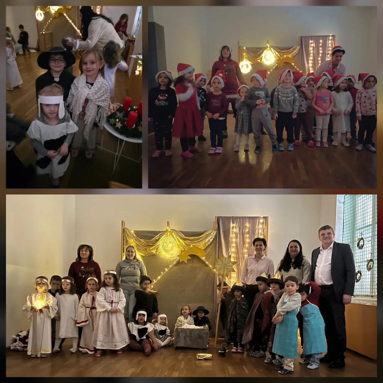 Drei Fotos zeigen Kinder in festlicher Kleidung, einschließlich Mützen, die an einem Weihnachtsevent teilnehmen. Ein Foto zeigt eine Krippe mit Kindern und Erwachsenen.