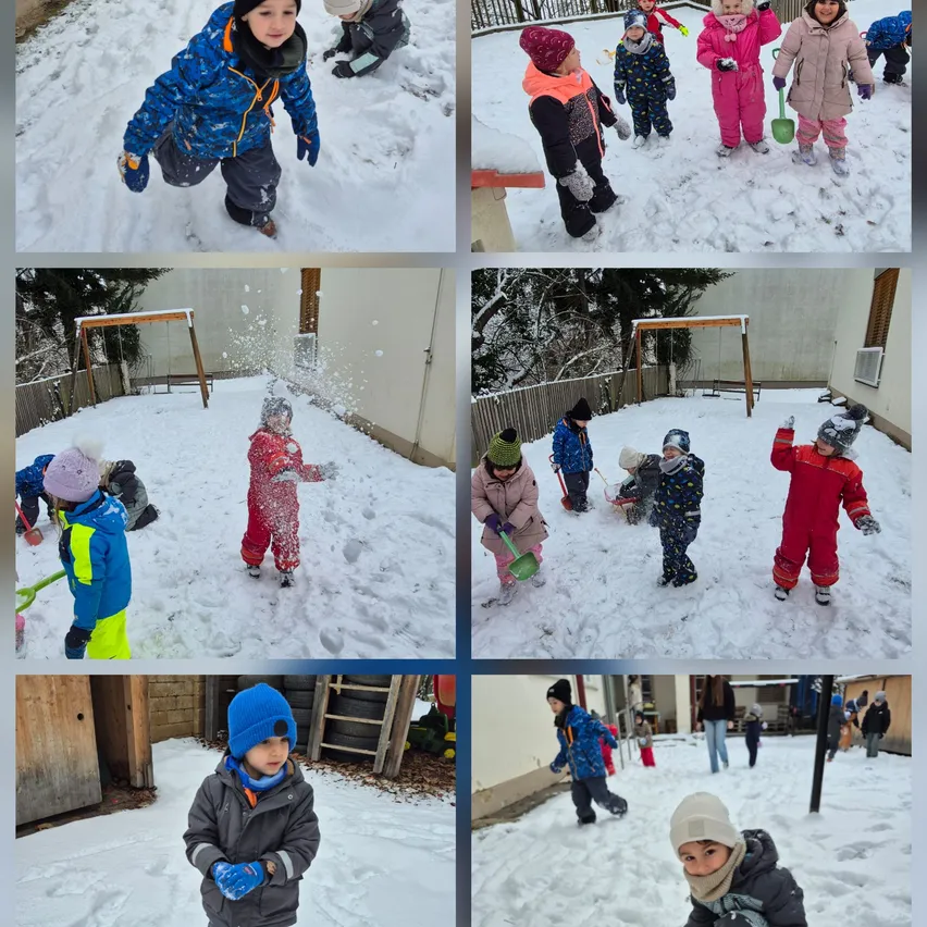 Sechs Bilder zeigen Kinder, die im Schnee spielen, mit Schaufeln, Schneebälle werfen und Winterkleidung tragen. Unterschiedliche Außenbereiche umfassen einen Spielplatz, Hinterhof und Straße.