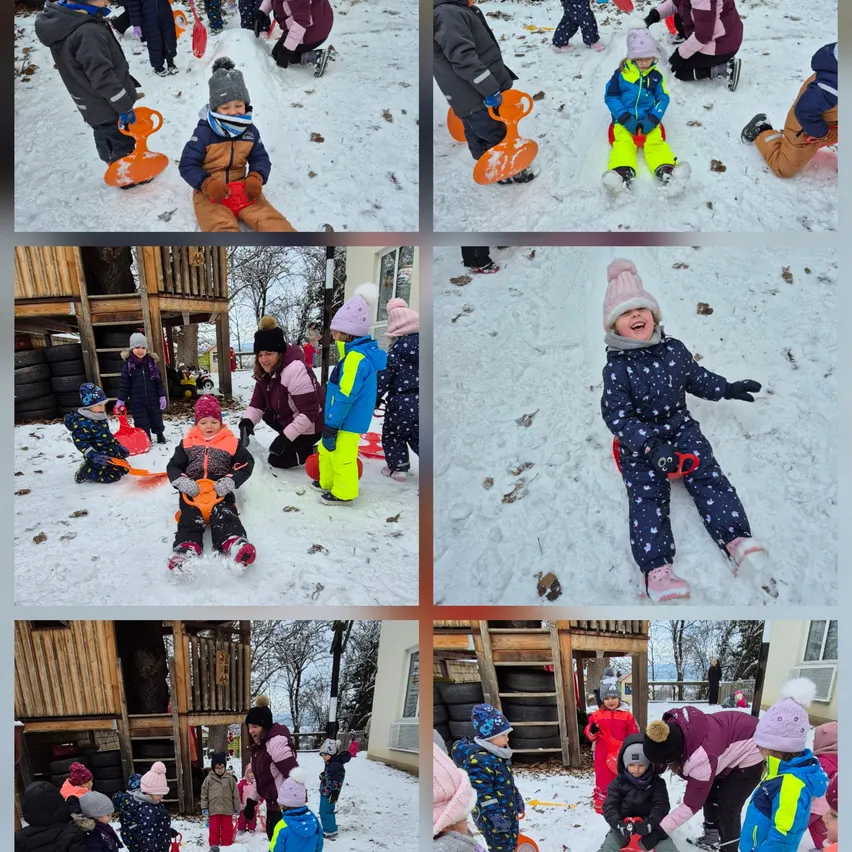 Eine Collage von Kindern, die im Schnee mit Schaufeln, Schlitten und Schlitten spielen. Einige Kinder sitzen, während andere gehen. Sie tragen alle Winterkleidung.