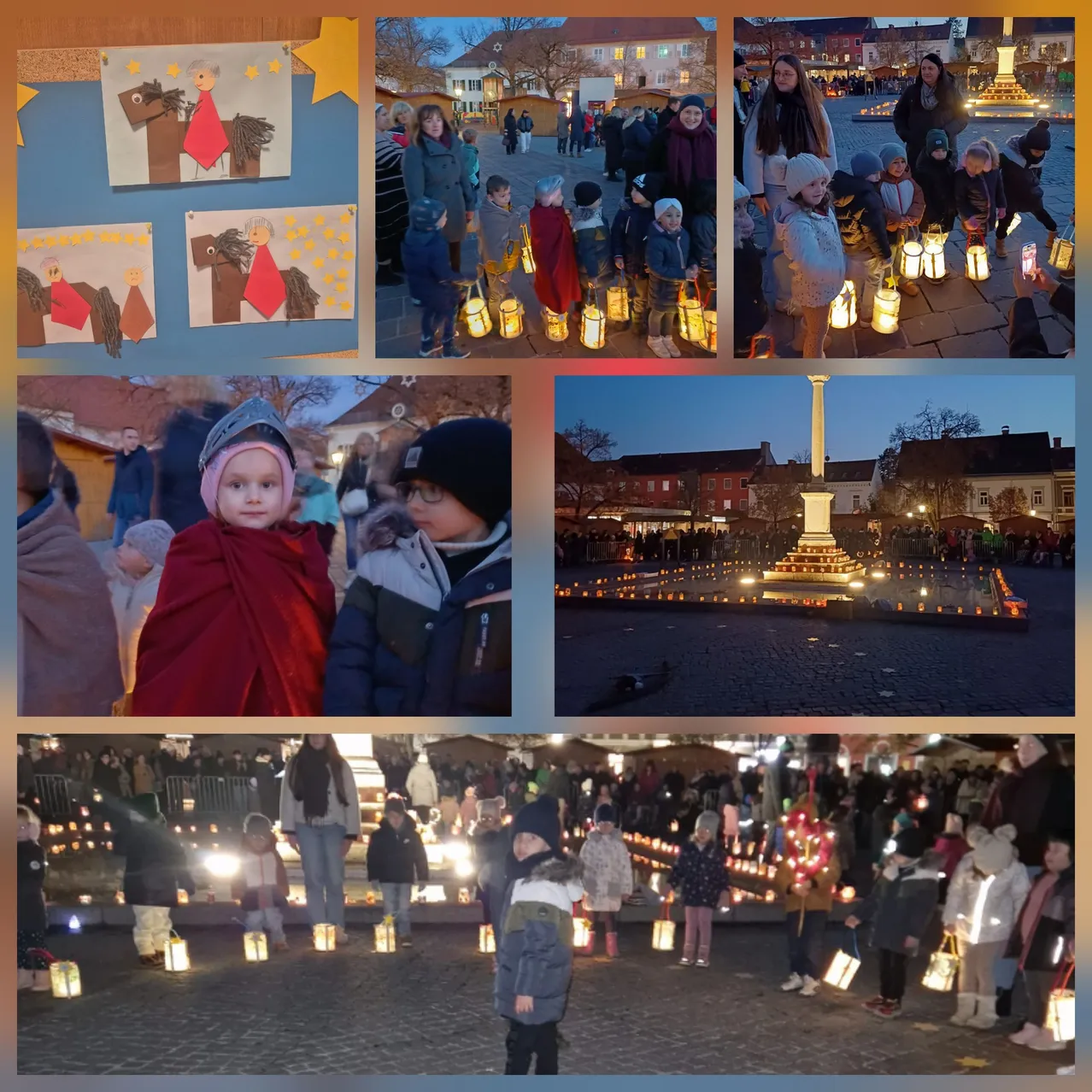 Eine Collage von Bildern, die Kinder bei einem festlichen Ereignis mit Laternen zeigt. Ein Bild zeigt Kinder in Winterkleidung und ein anderes zeigt einen Blick auf einen geschmückten Stadtplatz.