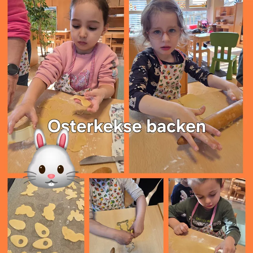 Eine Collage von Kindern beim Backen von Keksen. Ein Kind benutzt einen Nudelholz, ein anderes schneidet Formen mit Ausstechern aus. Ein Hasengesicht überlagert das Bild mit dem Text Osterkekse backen.